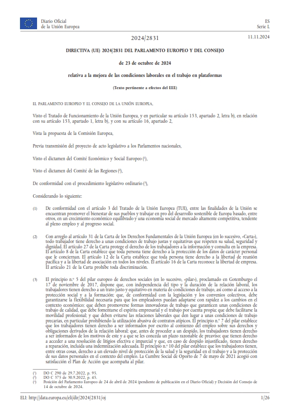 Directiva Europea relativa a la mejora de las condiciones laborales en el trabajo en plataformas – Octubre 2024