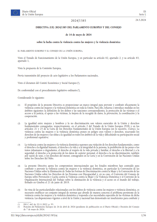 Directiva Europea sobre la lucha contra la violencia contra las mujeres y la violencia doméstica – Mayo 2024