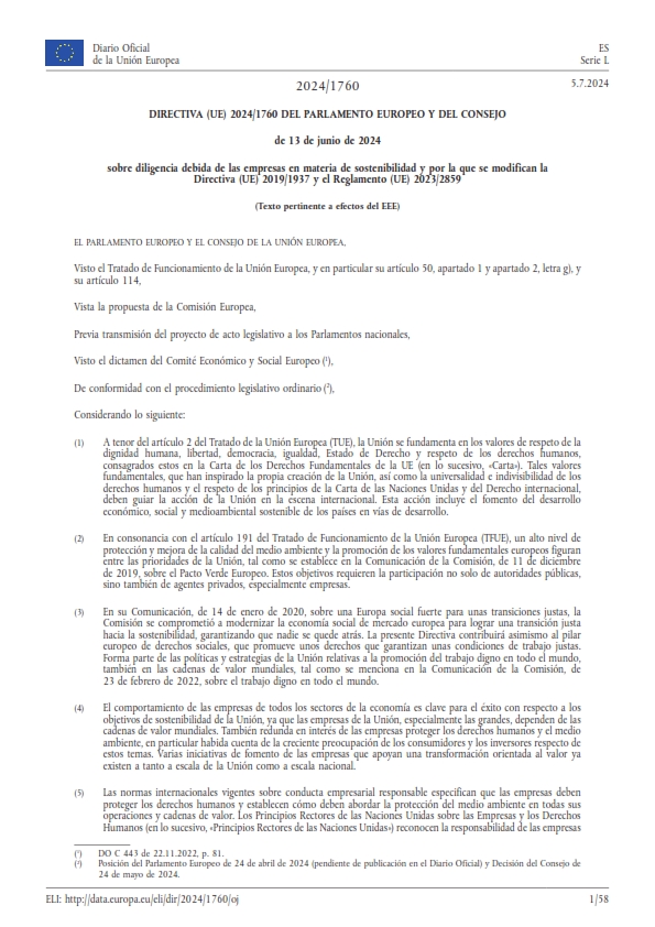 Directiva sobre Diligencia Debida de las empresas en materia de sostenibilidad – Julio 2024